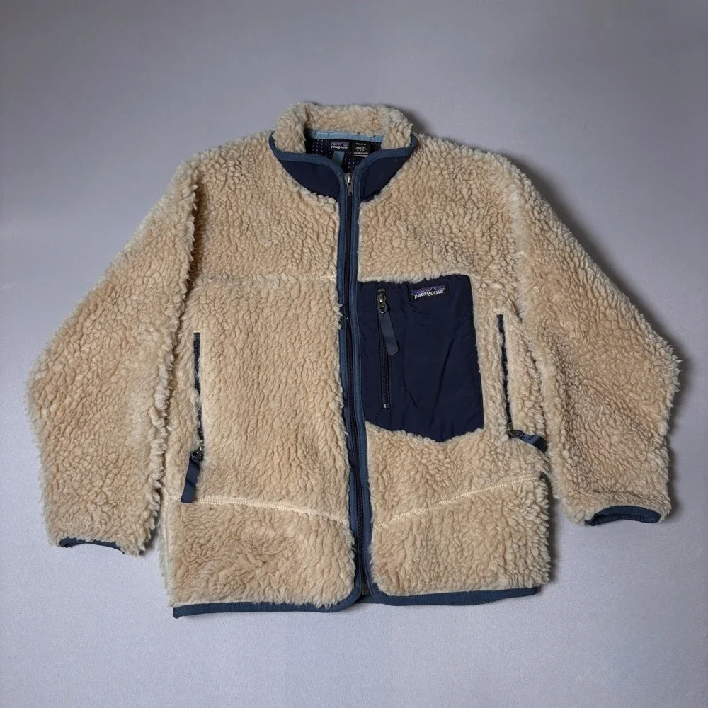 Patagonia Kids Retro-X Fleece Jacket Cream Navy Blue Vintage Made in USA Size 8